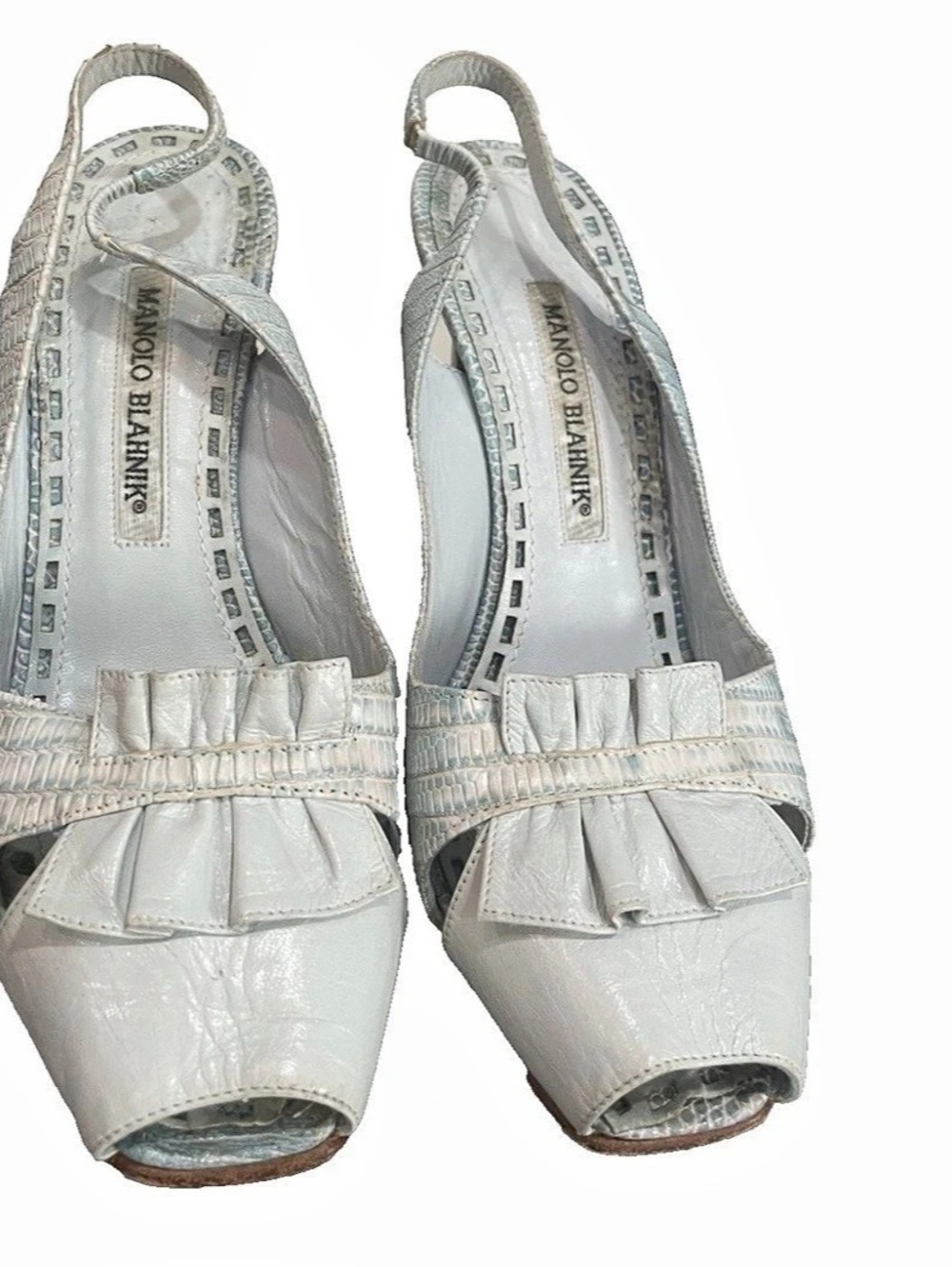 Manolo Blahnik Peep Toe Slingback High Heels in White & Blue size 6.5